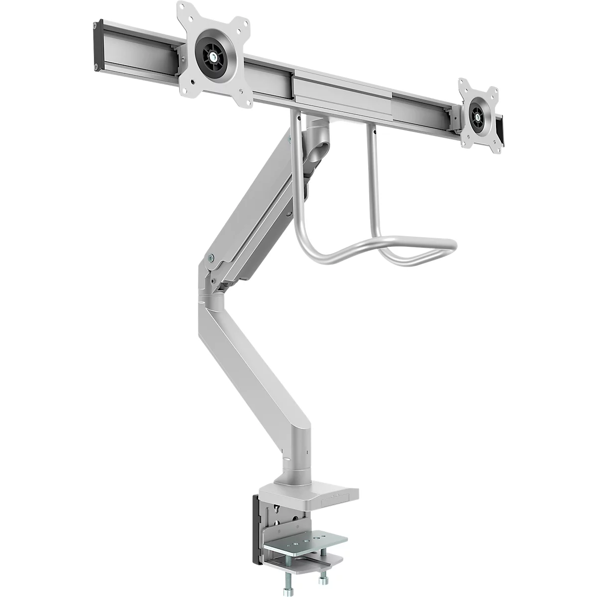 Bras pour écran Fellowes® Eppa™, pour 2 écrans jusqu'à 32" &amp; 8 kg chacun, réglable en hauteur/rotatif/pivotant/inclinable, design Crossbar, passage de câbles, pince de table, argenté