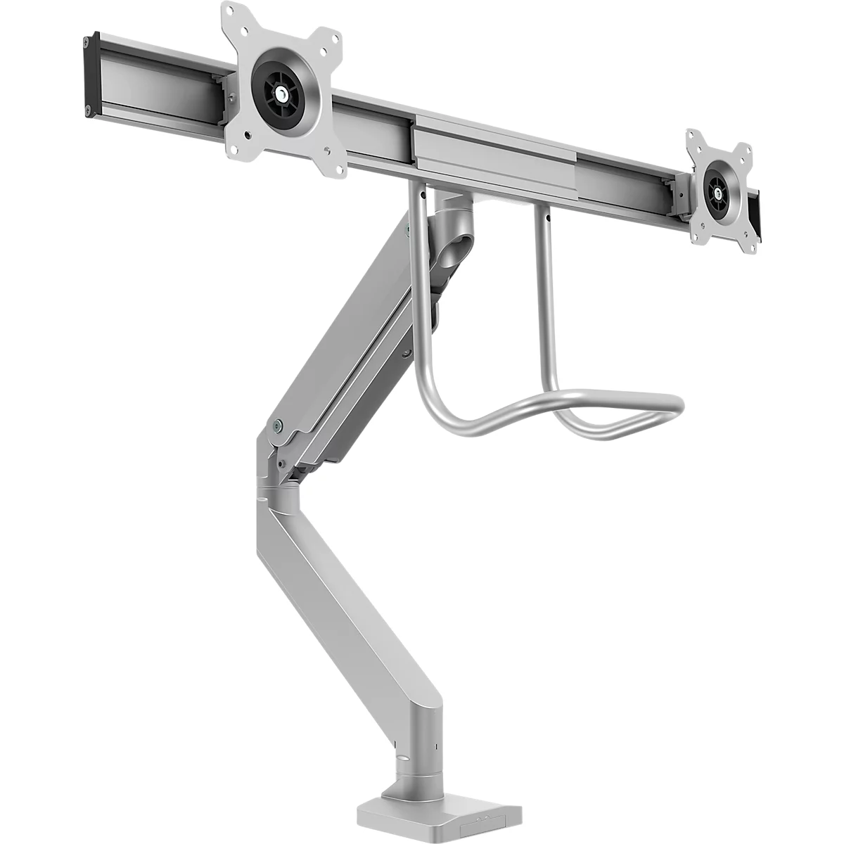 Bras pour écran Fellowes® Eppa™, pour 2 écrans jusqu'à 32" &amp; 8 kg chacun, réglable en hauteur/rotatif/pivotant/inclinable, design Crossbar, passage de câbles, pince de table, argenté