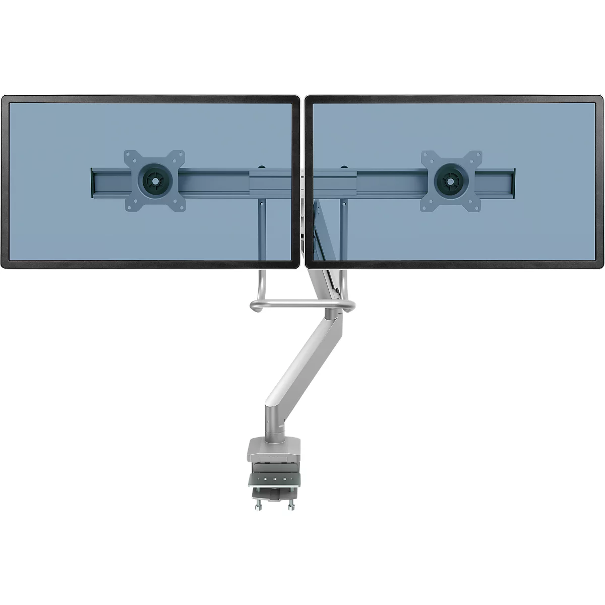 Bras pour écran Fellowes® Eppa™, pour 2 écrans jusqu'à 32" &amp; 8 kg chacun, réglable en hauteur/rotatif/pivotant/inclinable, design Crossbar, passage de câbles, pince de table, argenté