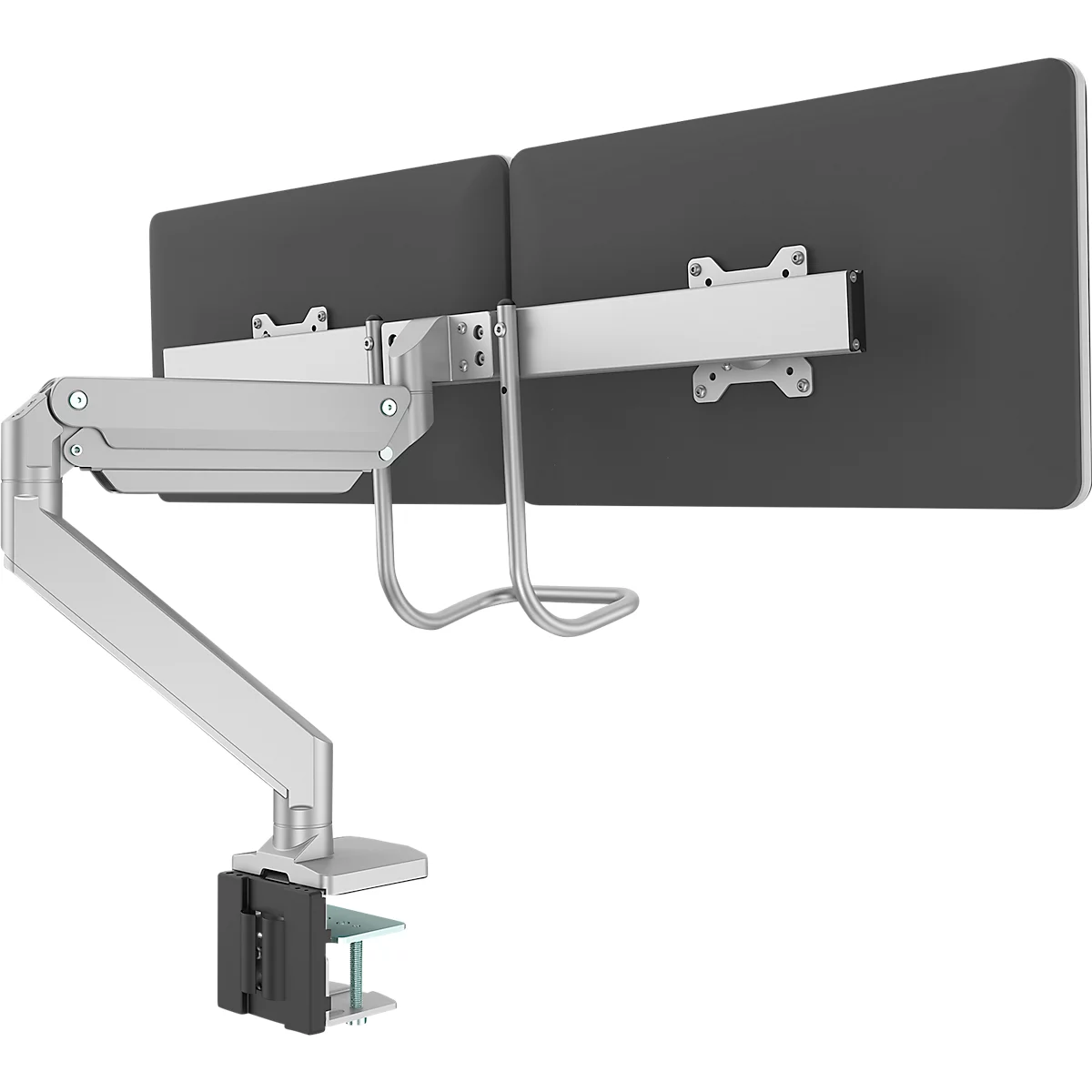 Bras pour écran Fellowes® Eppa™, pour 2 écrans jusqu'à 32" &amp; 8 kg chacun, réglable en hauteur/rotatif/pivotant/inclinable, design Crossbar, passage de câbles, pince de table, argenté
