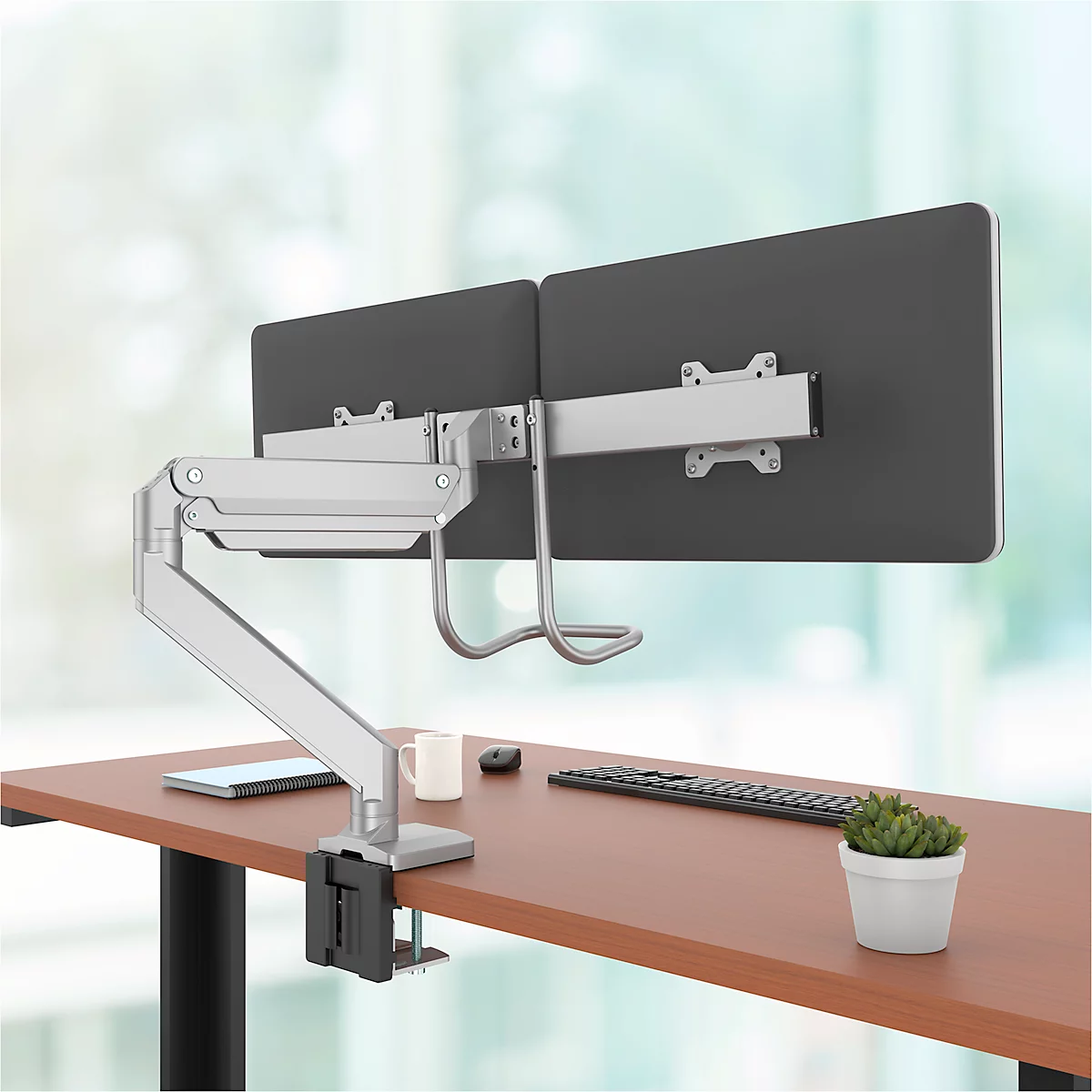 Bras pour écran Fellowes® Eppa™, pour 2 écrans jusqu'à 32" &amp; 8 kg chacun, réglable en hauteur/rotatif/pivotant/inclinable, design Crossbar, passage de câbles, pince de table, argenté