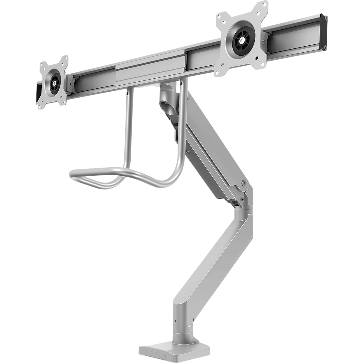 Bras pour écran Fellowes® Eppa™, pour 2 écrans jusqu'à 32" &amp; 8 kg chacun, réglable en hauteur/rotatif/pivotant/inclinable, design Crossbar, passage de câbles, pince de table, argenté