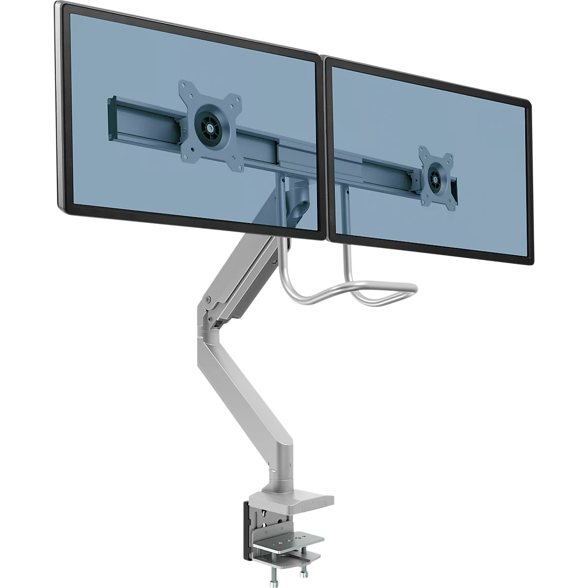 Bras pour écran Fellowes® Eppa™, pour 2 écrans jusqu'à 32" &amp; 8 kg chacun, réglable en hauteur/rotatif/pivotant/inclinable, design Crossbar, passage de câbles, pince de table, argenté