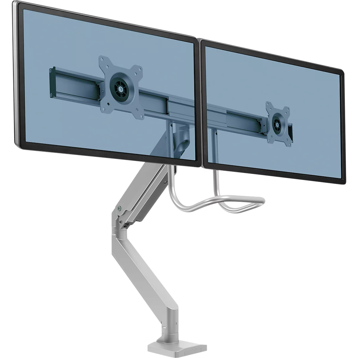 Bras pour écran Fellowes® Eppa™, pour 2 écrans jusqu'à 32" &amp; 8 kg chacun, réglable en hauteur/rotatif/pivotant/inclinable, design Crossbar, passage de câbles, pince de table, argenté