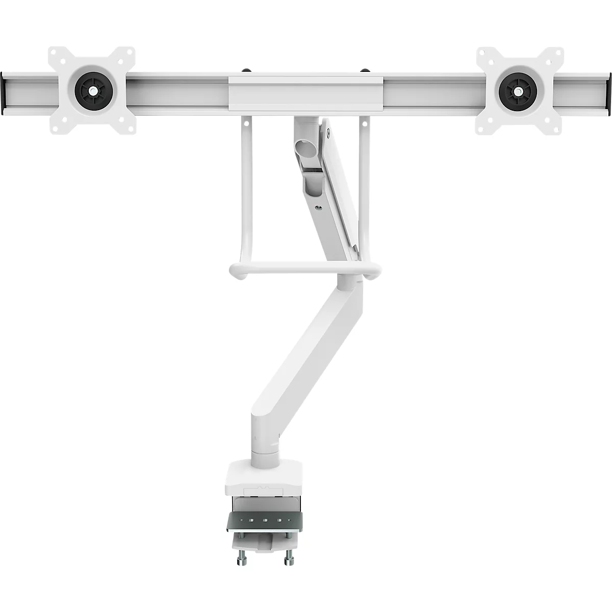 Bras pour écran Fellowes® Eppa™, pour 2 écrans jusqu'à 32" &amp; 8 kg chacun, réglable en hauteur/rotatif/pivotant/inclinable, design Crossbar, passage de câbles, pince de table, blanc