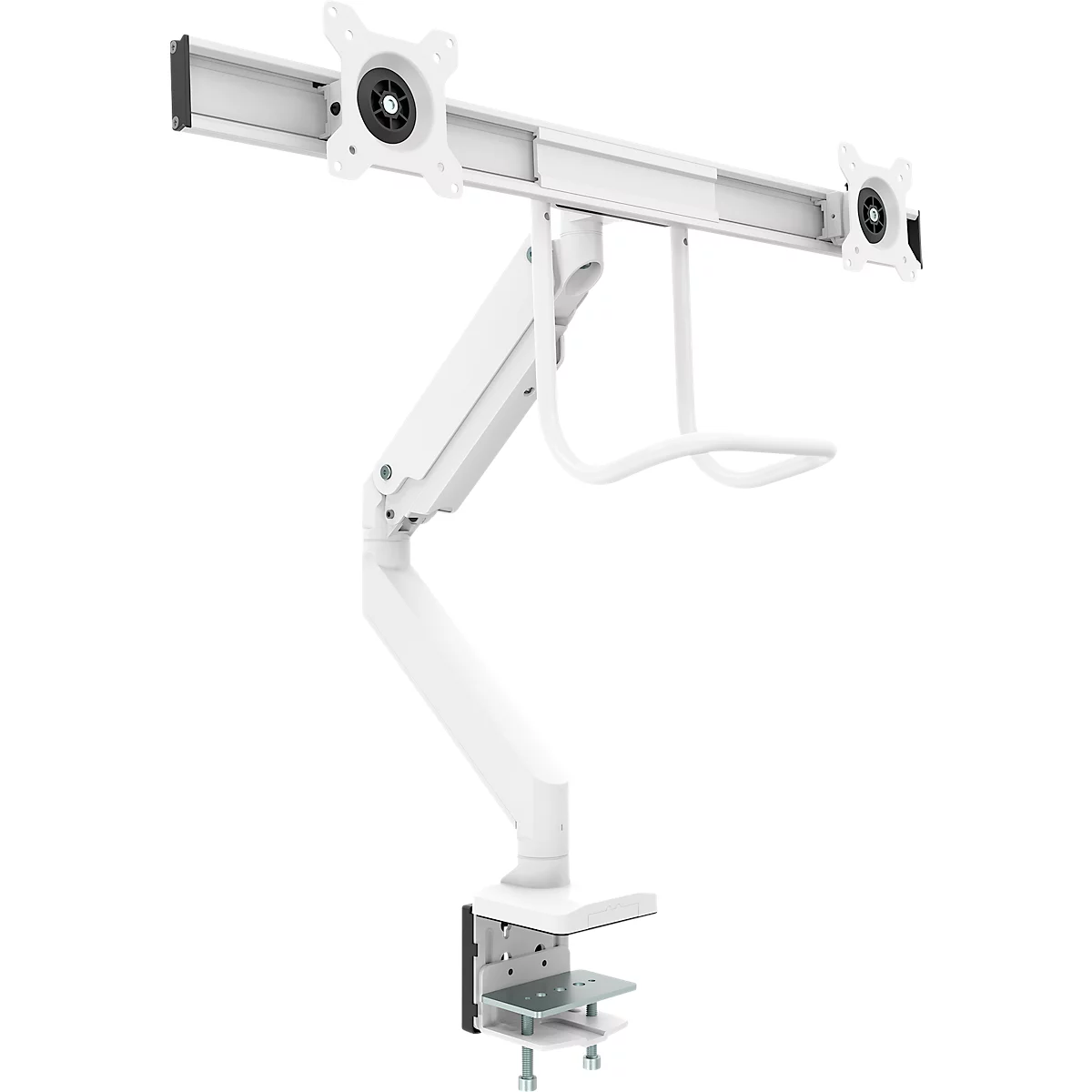 Bras pour écran Fellowes® Eppa™, pour 2 écrans jusqu'à 32" &amp; 8 kg chacun, réglable en hauteur/rotatif/pivotant/inclinable, design Crossbar, passage de câbles, pince de table, blanc