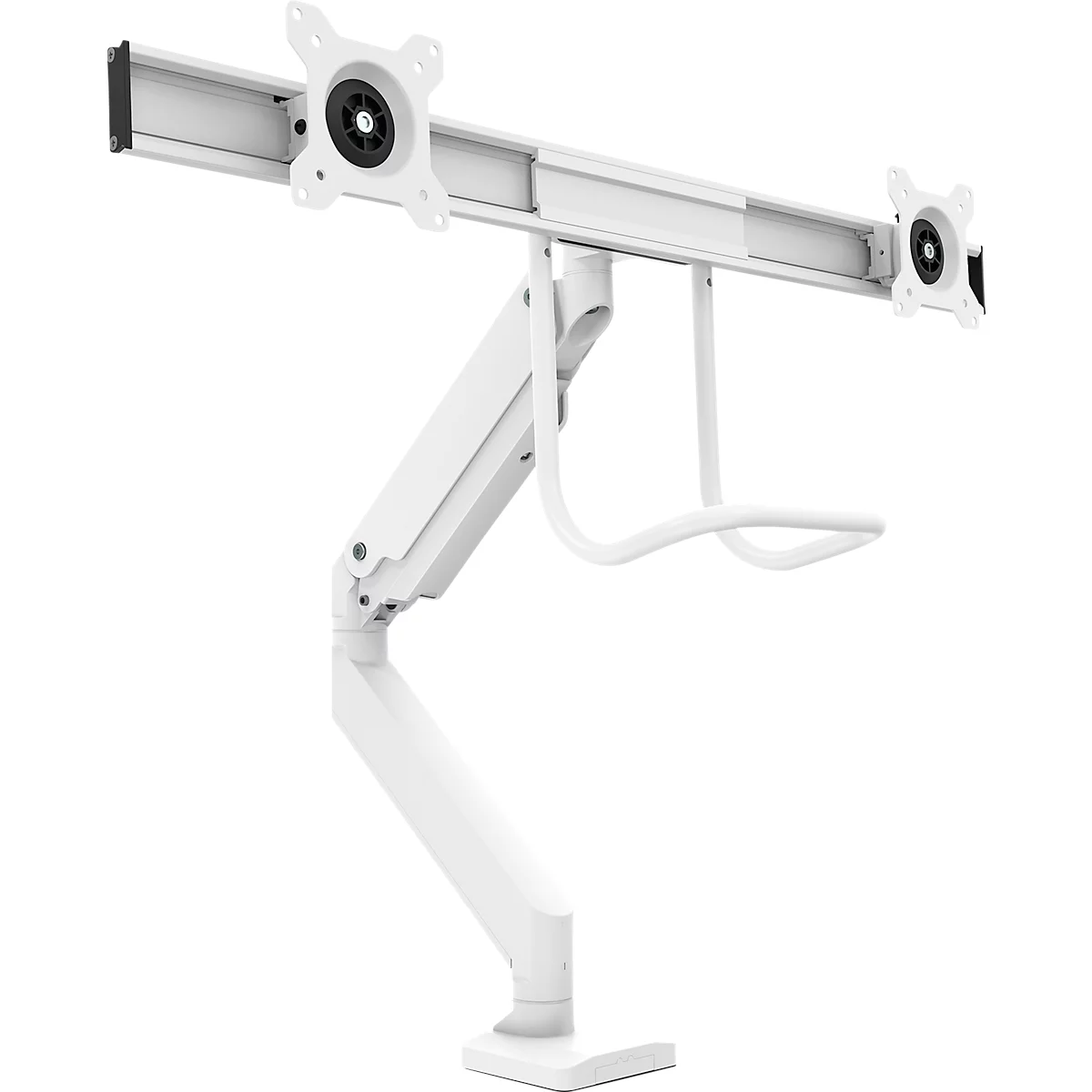 Bras pour écran Fellowes® Eppa™, pour 2 écrans jusqu'à 32" &amp; 8 kg chacun, réglable en hauteur/rotatif/pivotant/inclinable, design Crossbar, passage de câbles, pince de table, blanc