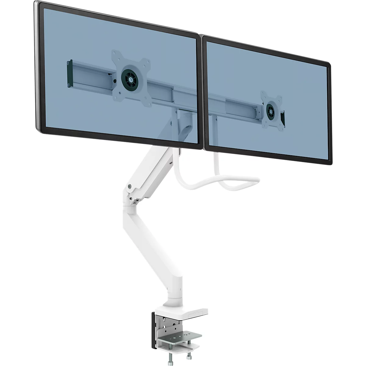 Bras pour écran Fellowes® Eppa™, pour 2 écrans jusqu'à 32" &amp; 8 kg chacun, réglable en hauteur/rotatif/pivotant/inclinable, design Crossbar, passage de câbles, pince de table, blanc