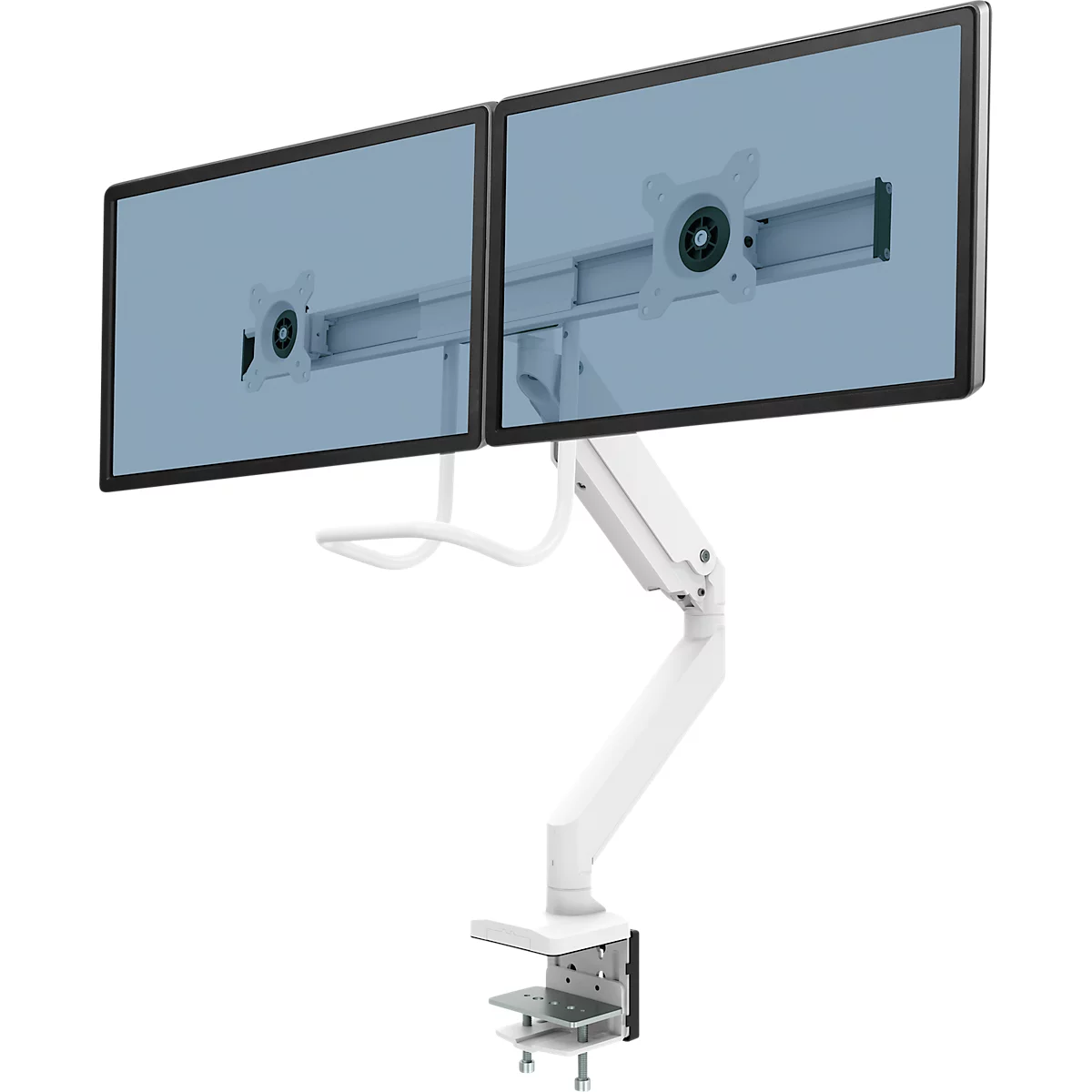 Bras pour écran Fellowes® Eppa™, pour 2 écrans jusqu'à 32" &amp; 8 kg chacun, réglable en hauteur/rotatif/pivotant/inclinable, design Crossbar, passage de câbles, pince de table, blanc