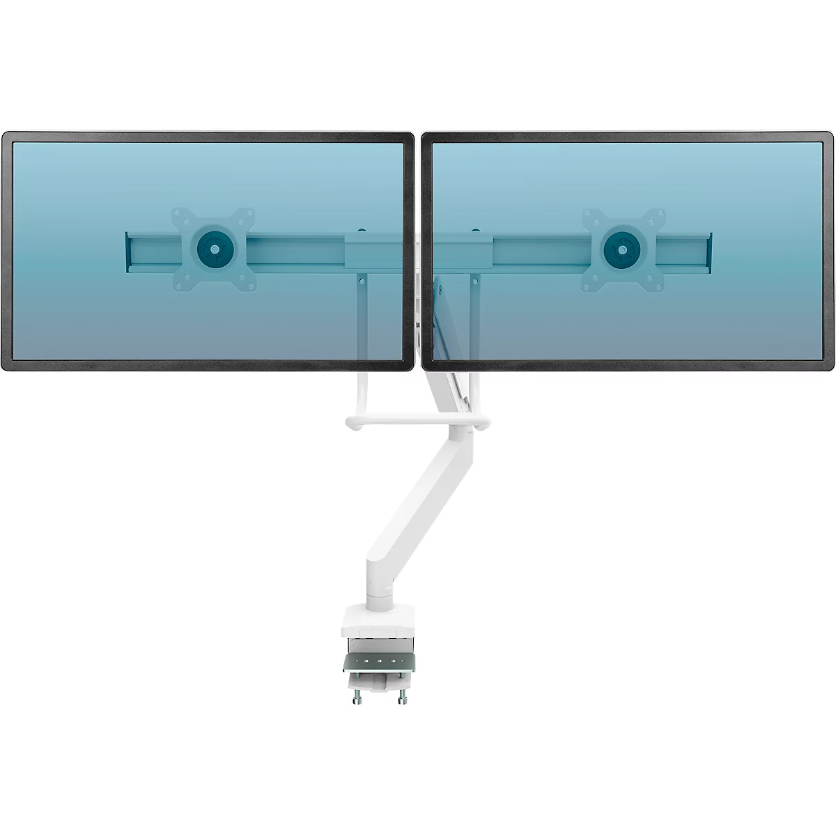 Bras pour écran Fellowes® Eppa™, pour 2 écrans jusqu'à 32" &amp; 8 kg chacun, réglable en hauteur/rotatif/pivotant/inclinable, design Crossbar, passage de câbles, pince de table, blanc