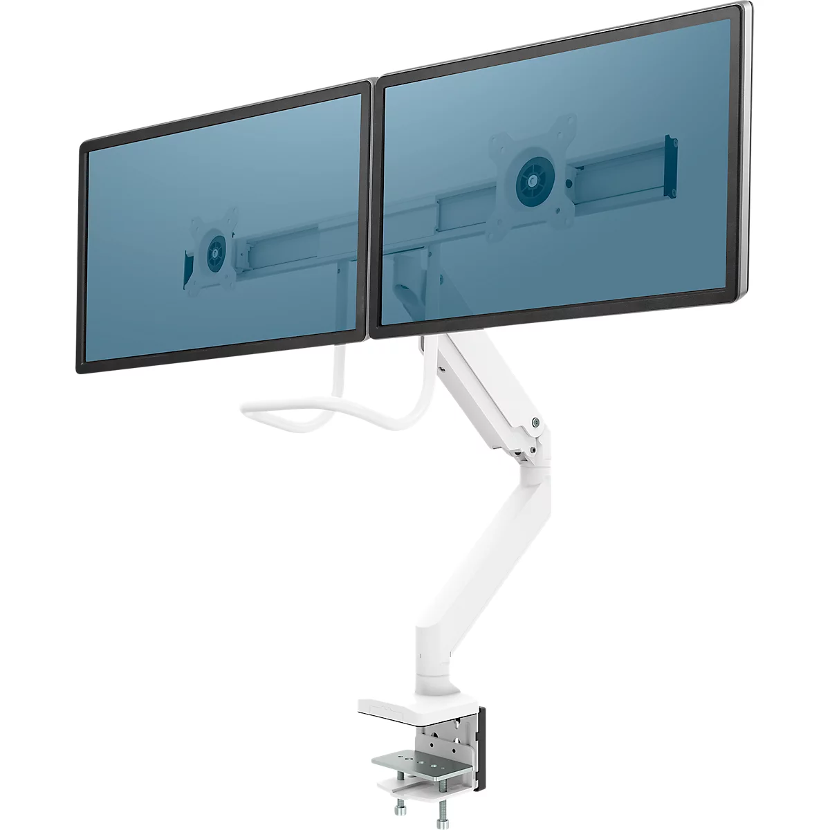 Bras pour écran Fellowes® Eppa™, pour 2 écrans jusqu'à 32" &amp; 8 kg chacun, réglable en hauteur/rotatif/pivotant/inclinable, design Crossbar, passage de câbles, pince de table, blanc