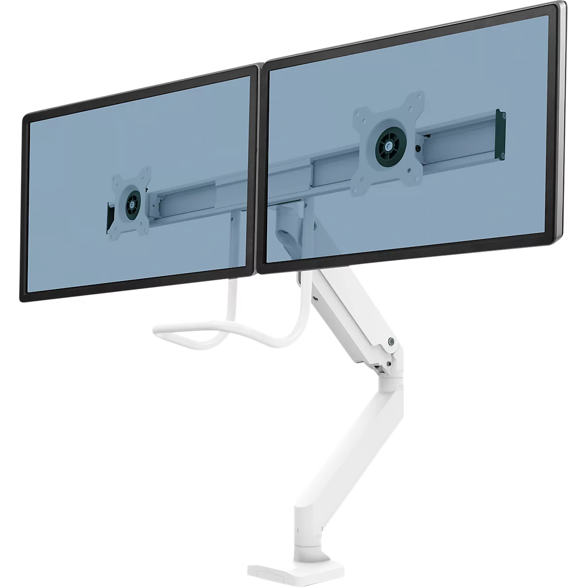Bras pour écran Fellowes® Eppa™, pour 2 écrans jusqu'à 32" &amp; 8 kg chacun, réglable en hauteur/rotatif/pivotant/inclinable, design Crossbar, passage de câbles, pince de table, blanc