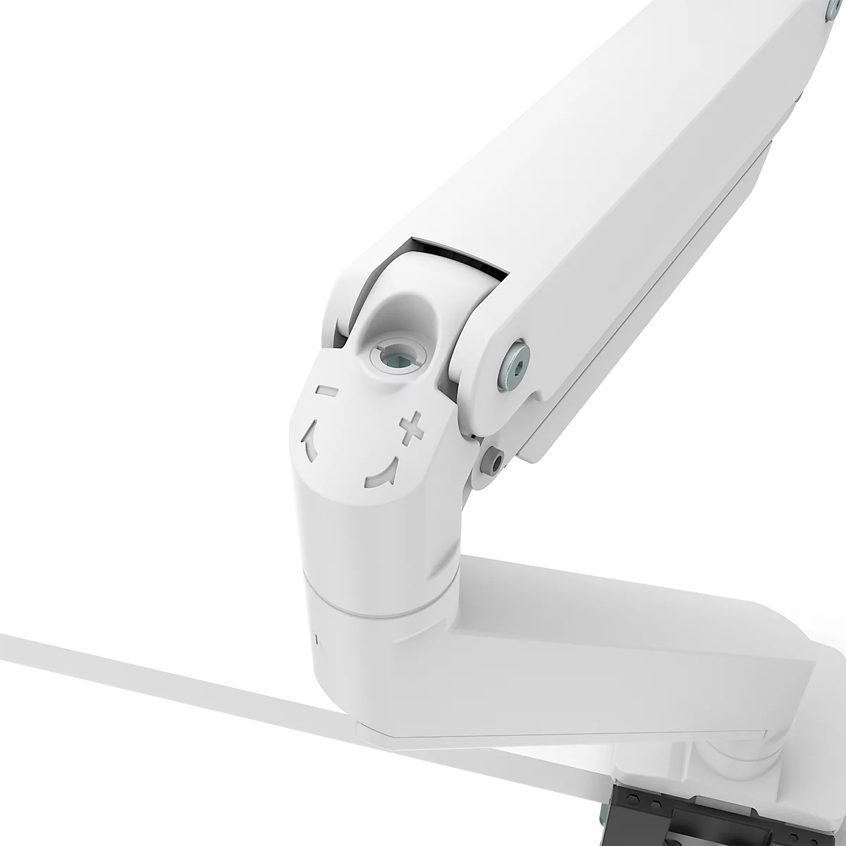 Bras pour écran Fellowes® Eppa™, pour 2 écrans jusqu'à 32" &amp; 8 kg chacun, réglable en hauteur/rotatif/pivotant/inclinable, design Crossbar, passage de câbles, pince de table, blanc