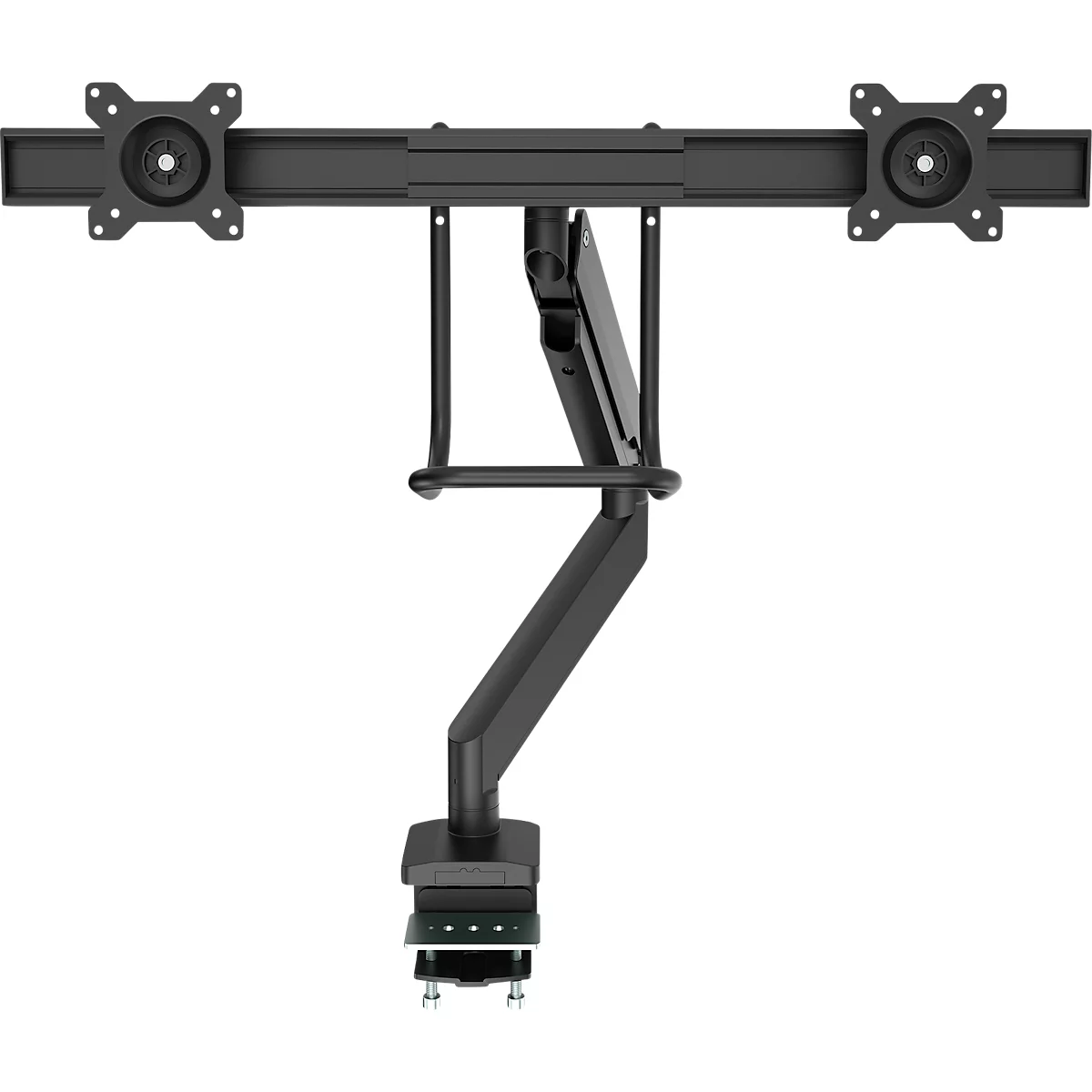 Bras pour écran Fellowes® Eppa™, pour 2 écrans jusqu'à 32' &amp; 8 kg chacun, réglable en hauteur/rotatif/pivotant/inclinable, design Crossbar, passage de câbles, pince de table, noir