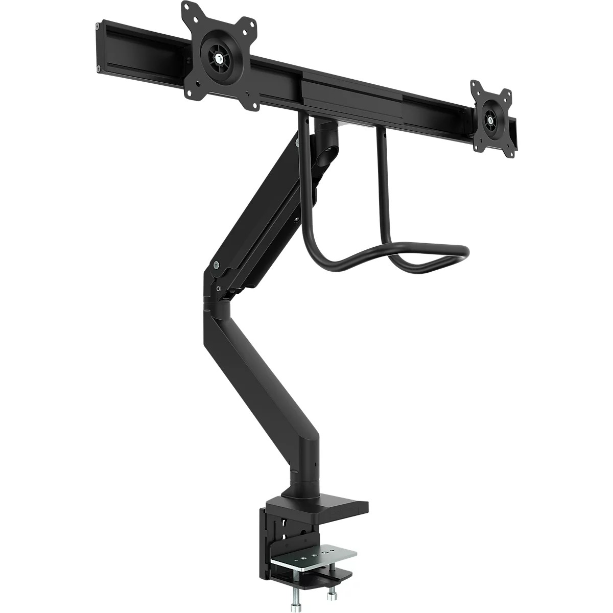 Bras pour écran Fellowes® Eppa™, pour 2 écrans jusqu'à 32' &amp; 8 kg chacun, réglable en hauteur/rotatif/pivotant/inclinable, design Crossbar, passage de câbles, pince de table, noir