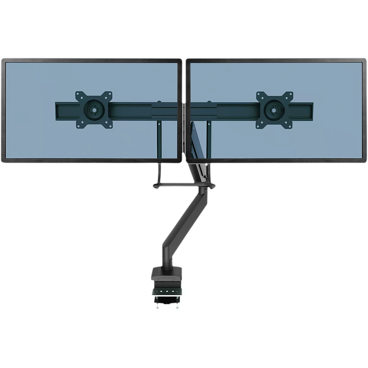 Bras pour écran Fellowes® Eppa™, pour 2 écrans jusqu'à 32' &amp; 8 kg chacun, réglable en hauteur/rotatif/pivotant/inclinable, design Crossbar, passage de câbles, pince de table, noir
