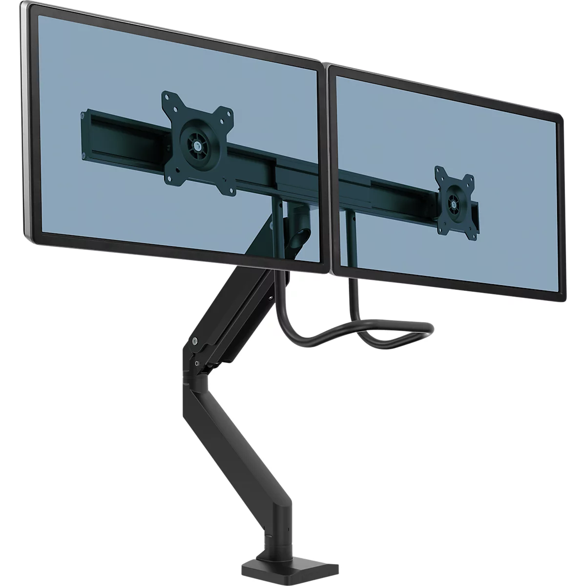 Bras pour écran Fellowes® Eppa™, pour 2 écrans jusqu'à 32' &amp; 8 kg chacun, réglable en hauteur/rotatif/pivotant/inclinable, design Crossbar, passage de câbles, pince de table, noir