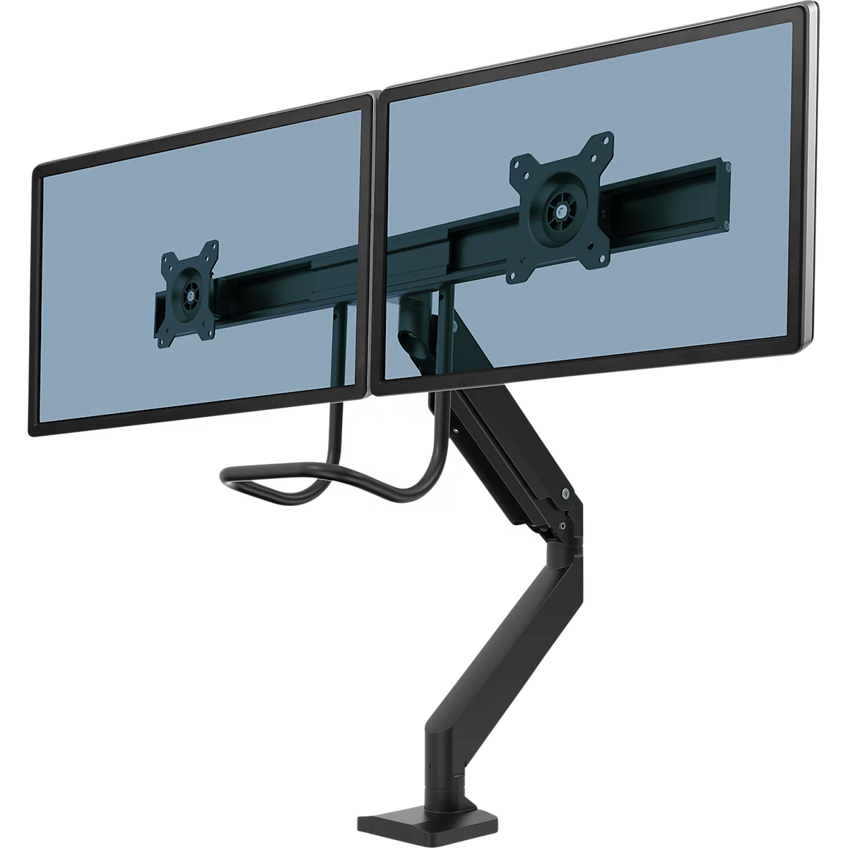 Bras pour écran Fellowes® Eppa™, pour 2 écrans jusqu'à 32' &amp; 8 kg chacun, réglable en hauteur/rotatif/pivotant/inclinable, design Crossbar, passage de câbles, pince de table, noir