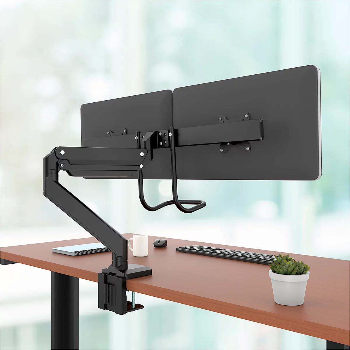 Bras pour écran Fellowes® Eppa™, pour 2 écrans jusqu'à 32' &amp; 8 kg chacun, réglable en hauteur/rotatif/pivotant/inclinable, design Crossbar, passage de câbles, pince de table, noir