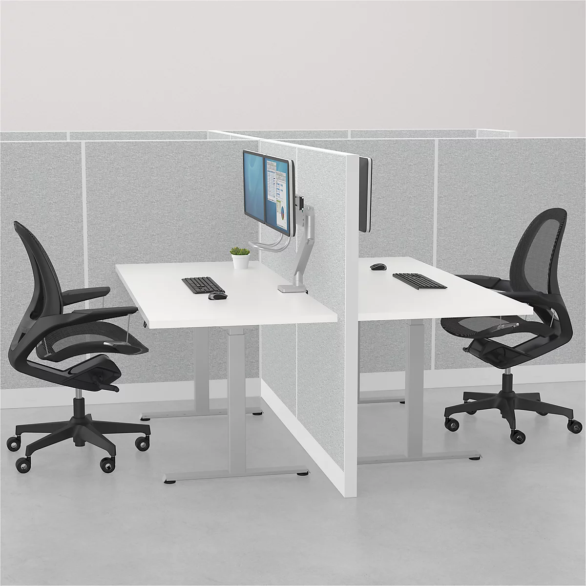 Bras pour écran Fellowes® Eppa™, pour 2 écrans jusqu'à 32' &amp; 8 kg chacun, réglable en hauteur/rotatif/pivotant/inclinable, design Crossbar, passage de câbles, pince de table, noir