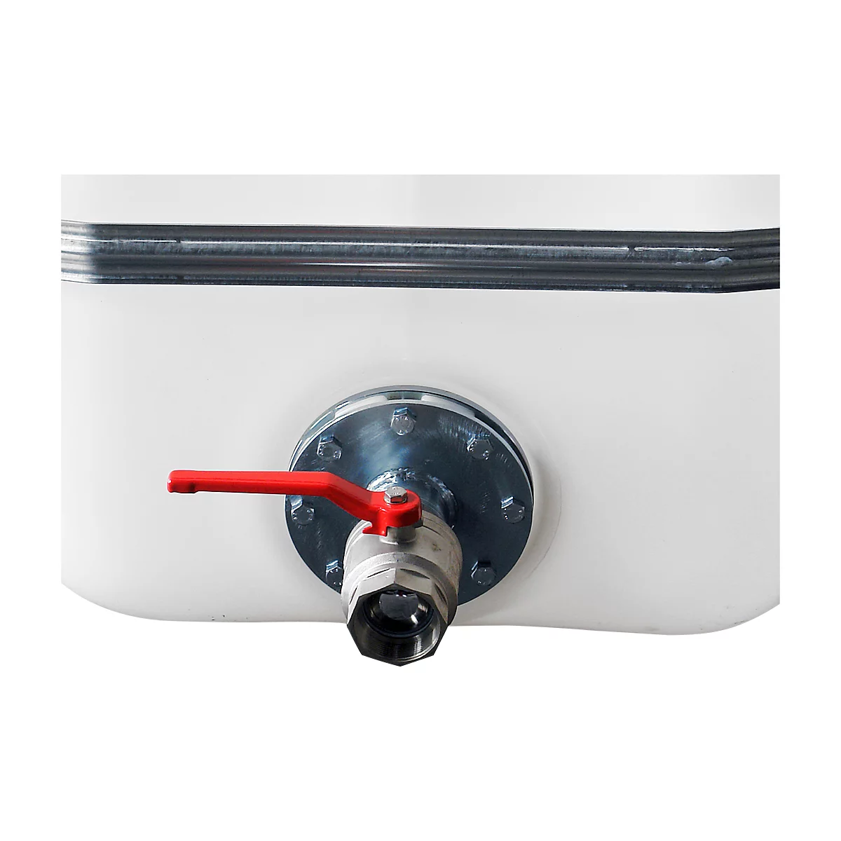 Close-up of a white plastic barrel with a red faucet and metallic connections.