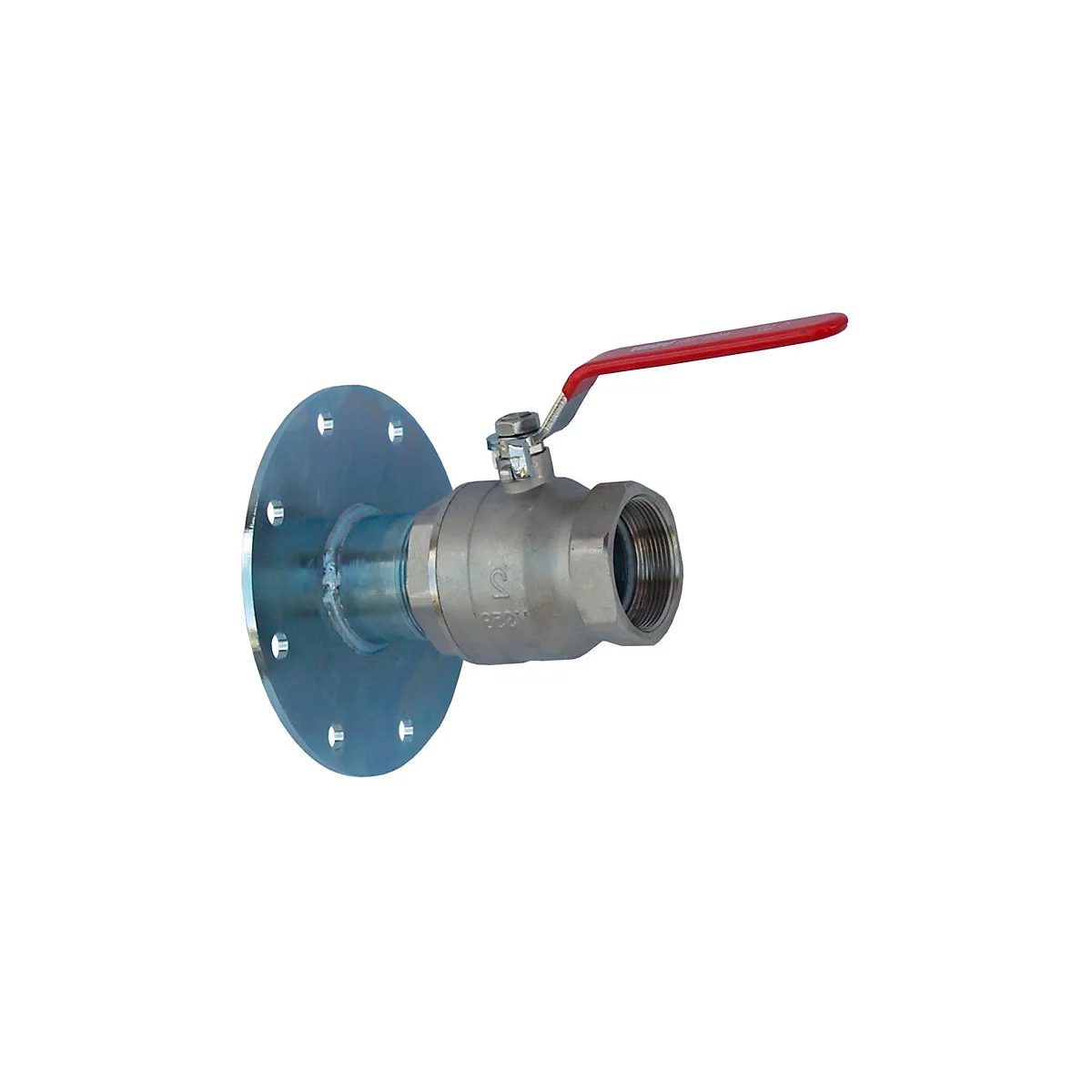 Valve with red lever. It is attached to a metal pipe with a flange.