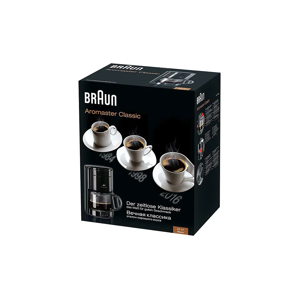 Braun Aromaster Classic Kaffeemaschine in schwarzer Verkaufsverpackung mit drei dampfenden Tassen Kaffee.
