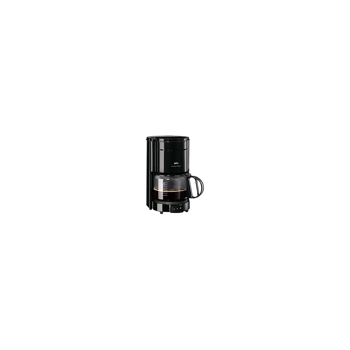 Schwarze Braun Aromaster Classic Filterkaffeemaschine mit Glaskanne vor weißem Hintergrund.