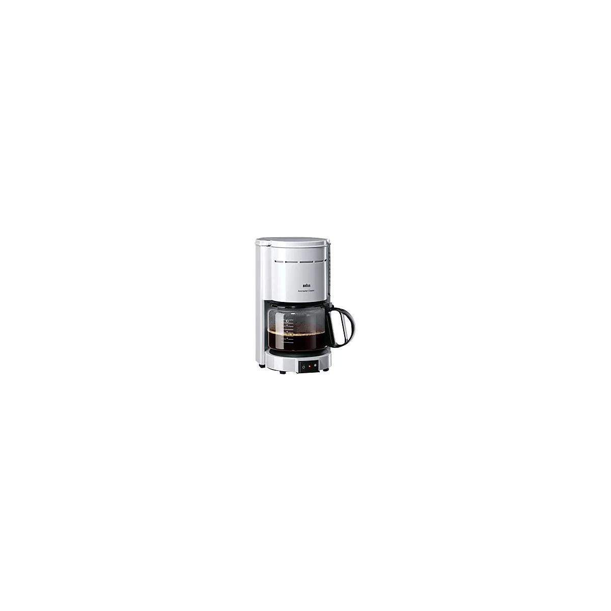 Weiße Braun Aromaster Classic Filterkaffeemaschine mit gefüllter Glaskanne vor weißem Hintergrund.
