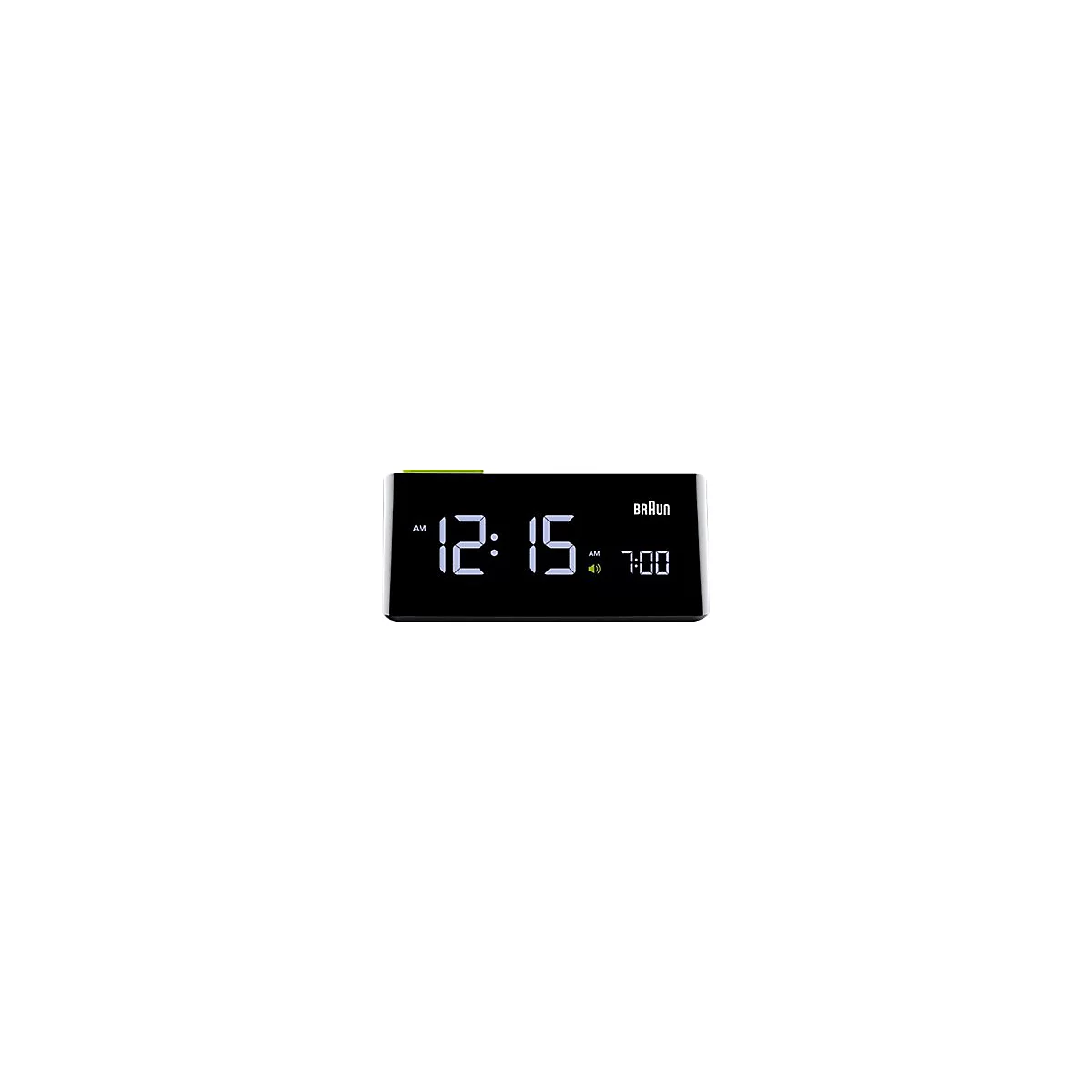 Schwarzer digitaler Braun-Wecker mit grünen Akzenten zeigt 12:15 Uhr und eine Weckzeit von 7:00 Uhr.
