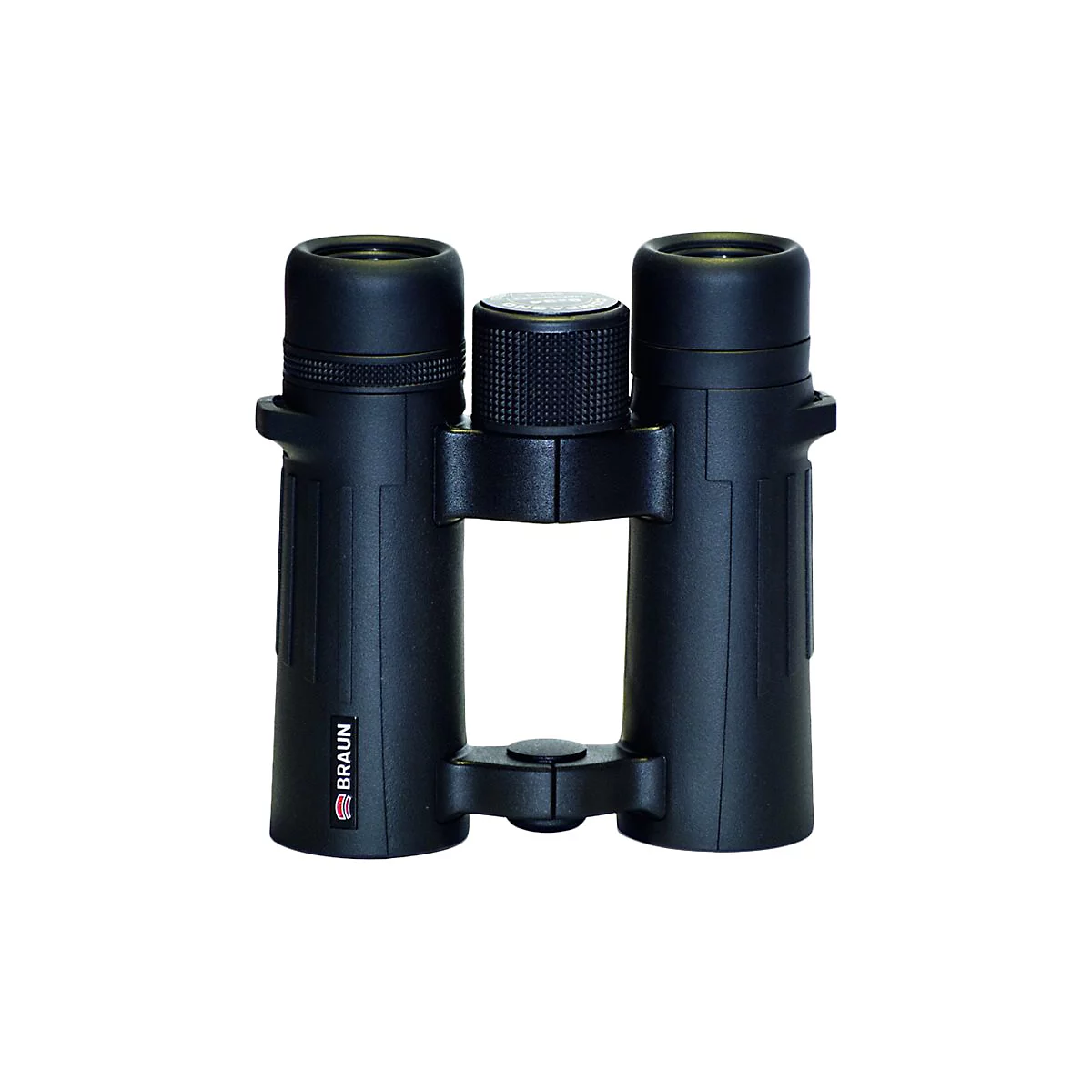 Schwarzes Braun Fernglas vor weißem Hintergrund.