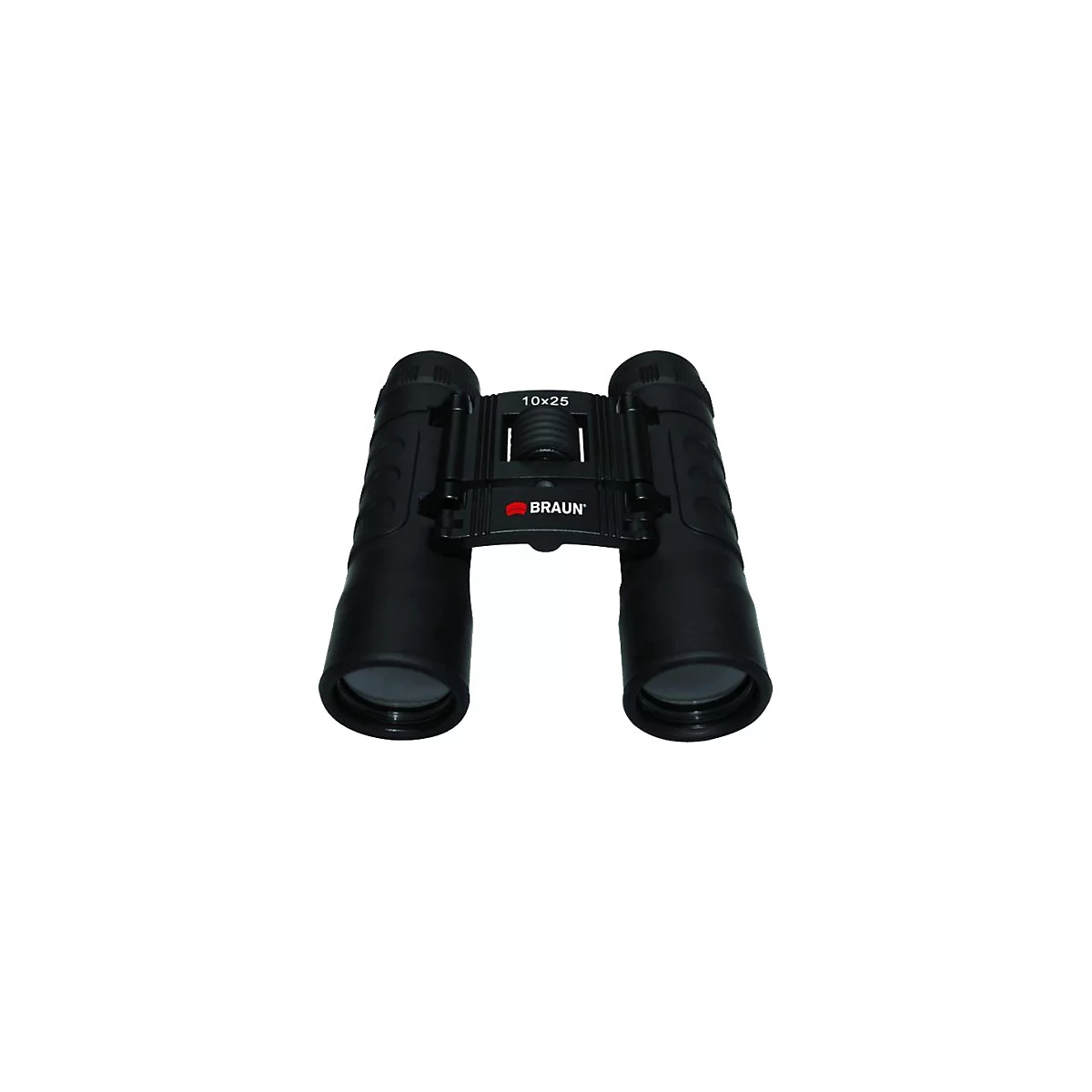 Schwarzes Braun 10x25 Fernglas vor weißem Hintergrund.