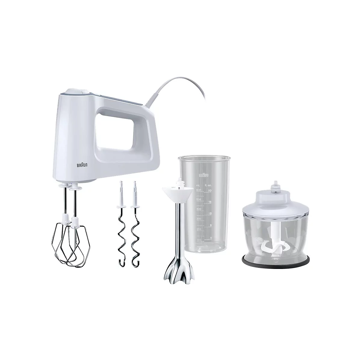 Weißer Braun Handmixer mit Rührbesen, Knethaken, Pürierstab und Zerkleinerer vor weißem Hintergrund.