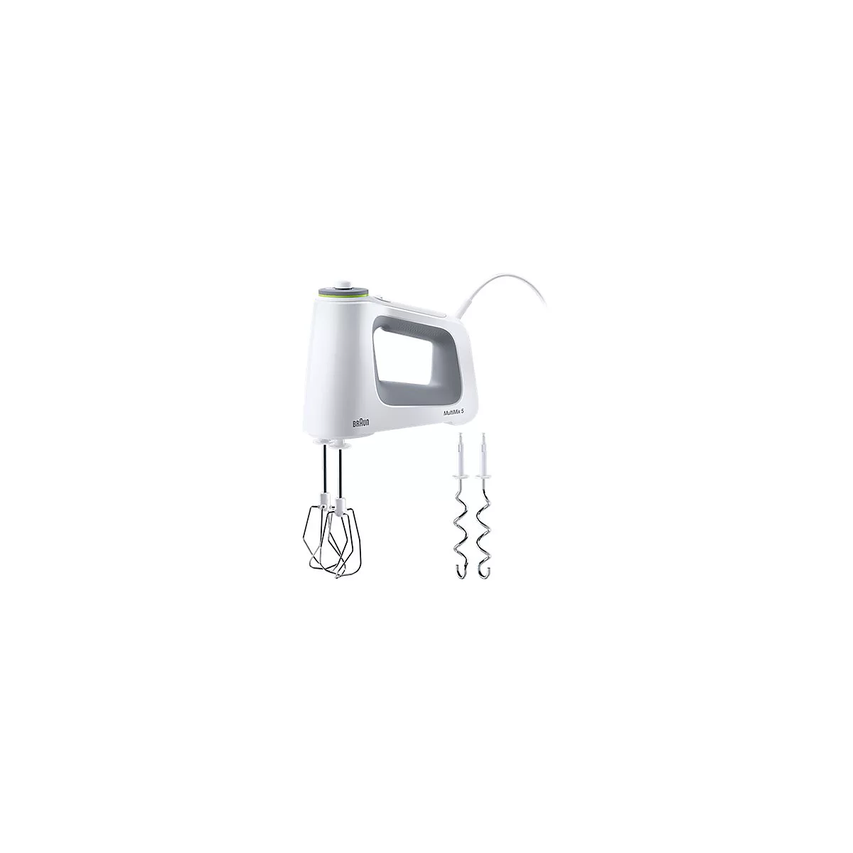 Weißer Braun MultiMix 5 Handmixer mit montierten Rührbesen und zwei daneben liegenden Knethaken vor weißem Hintergrund.