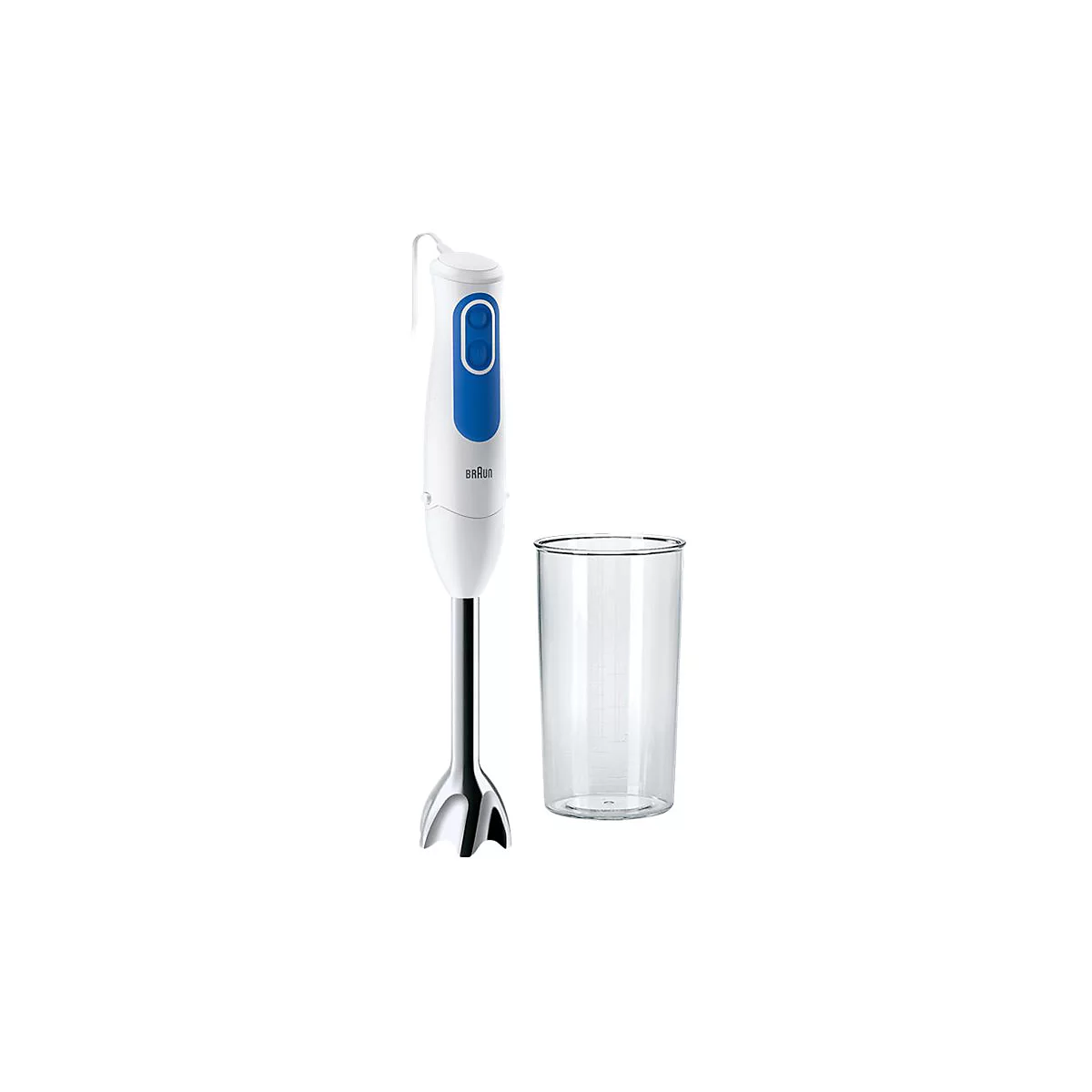 Weißer Braun Stabmixer mit blauem Bedienfeld und Edelstahl-Fuß neben einem transparenten Messbecher.