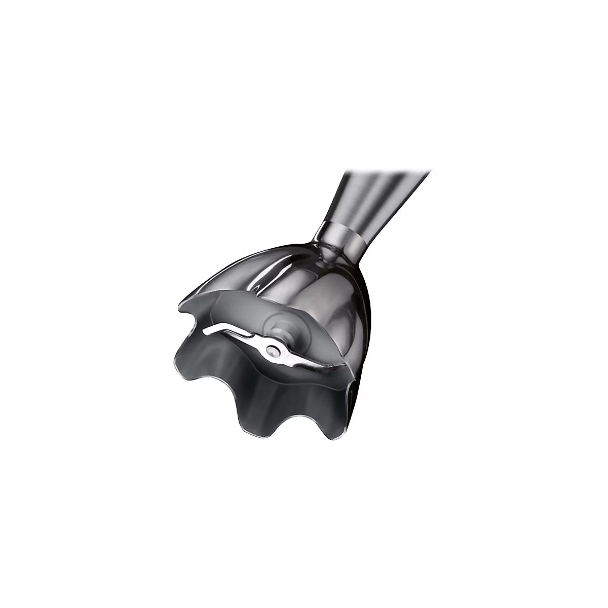 Nahaufnahme des Edelstahl-Mixfußes eines Stabmixers mit scharfen Klingen.