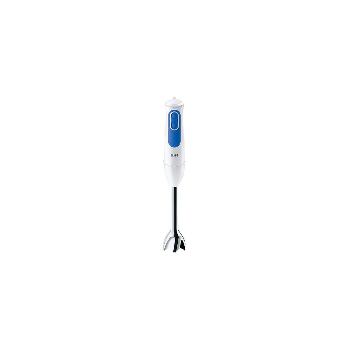 Weißer Braun Stabmixer mit blauem Bedienfeld und glänzendem Metallfuß vor weißem Hintergrund.