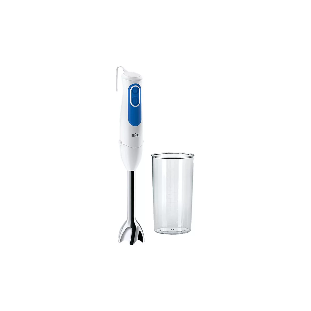 Weißer Braun Stabmixer mit blauem Bedienelement und transparentem Messbecher vor weißem Hintergrund.
