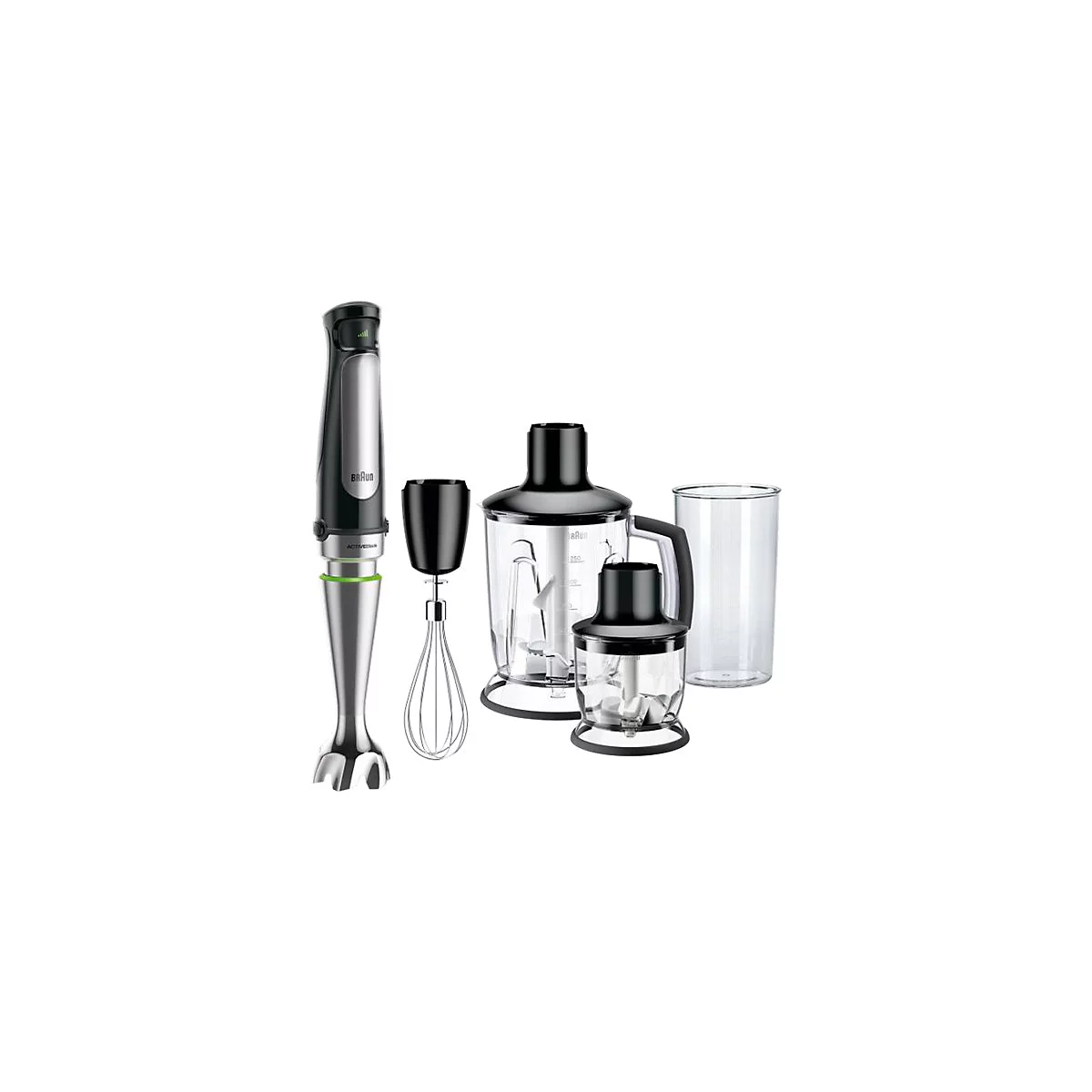 Braun Stabmixer Set mit Motorblock, Schneebesen, großem Zerkleinerer, kleinerem Zerkleinerer und Mixbecher.