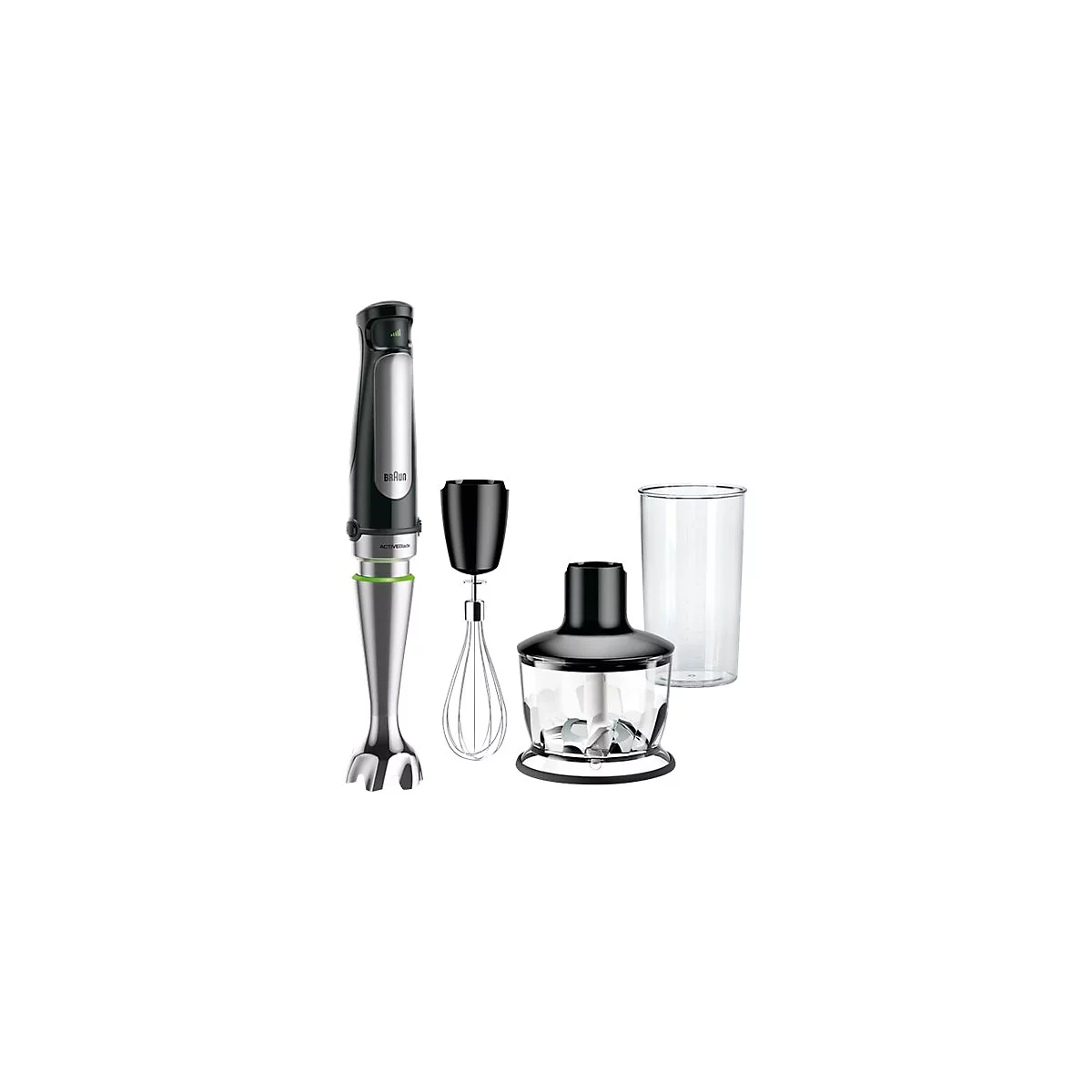 Braun Stabmixer-Set in Schwarz und Edelstahl mit Schneebesen, Zerkleinerer und Messbecher auf weißem Hintergrund.