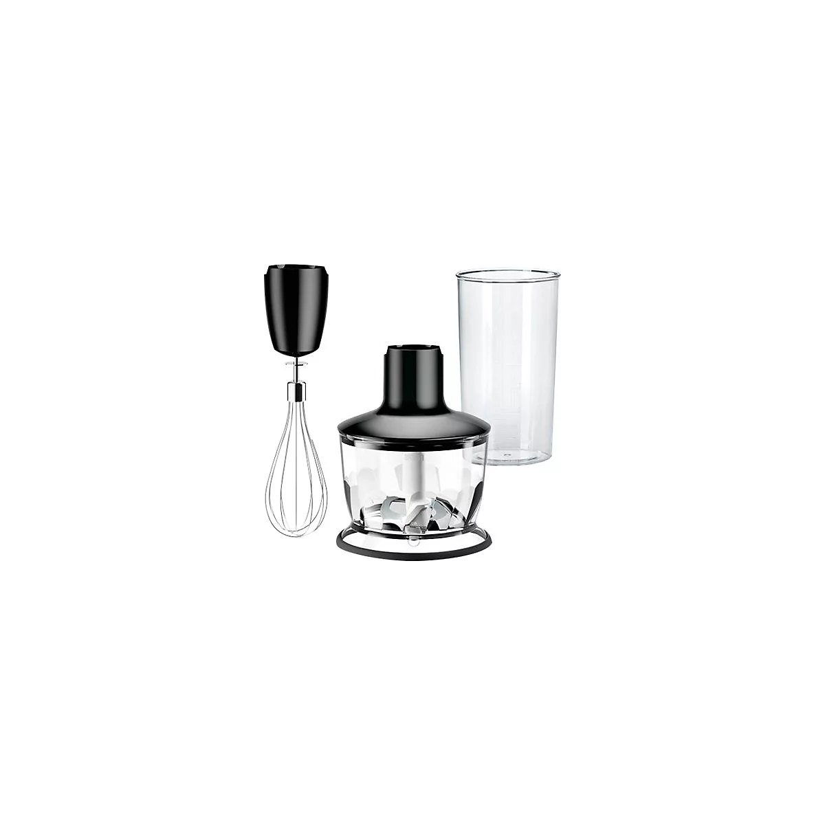 Stabmixer-Zubehör: Schneebesen, Zerkleinerer mit Metallmesser und transparenter Mixbecher auf Weiß.