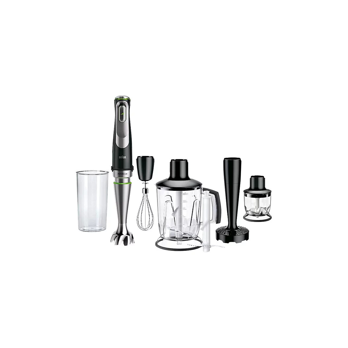 Braun Stabmixer-Set in Schwarz mit Edelstahl-Mixfuß, Schneebesen, großem Mixbehälter und weiterem Zubehör.