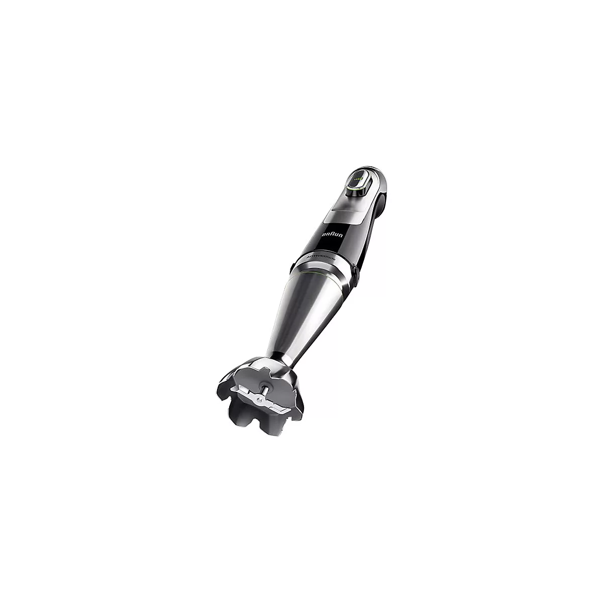 Silber-schwarzer Braun Stabmixer mit ActiveBlade Technologie vor weißem Hintergrund.