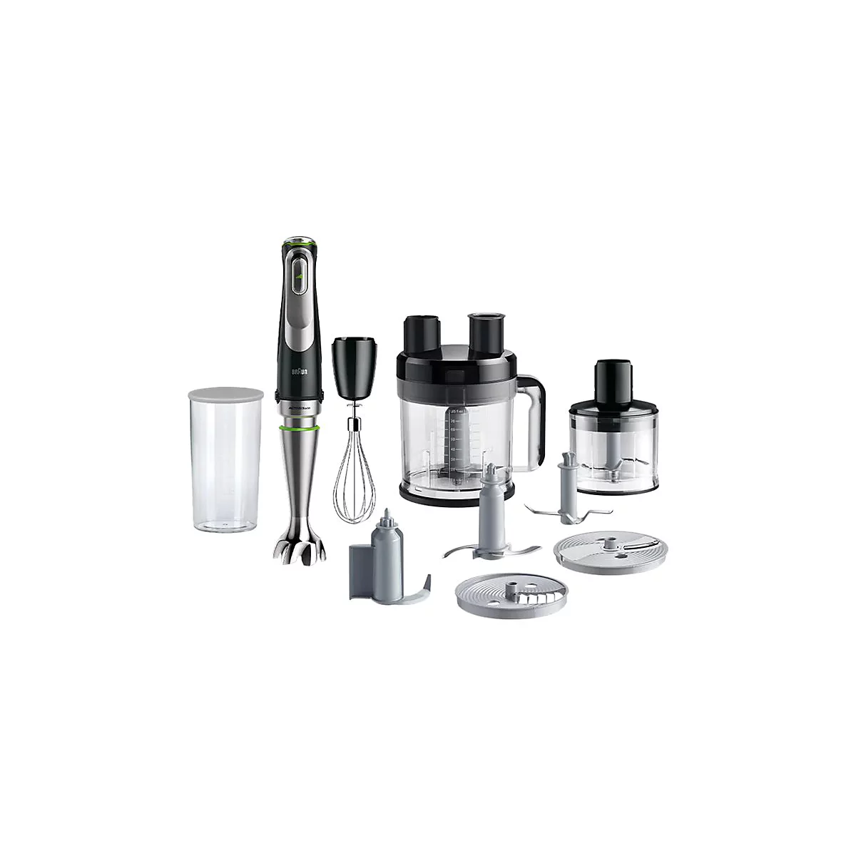 Braun Stabmixer-Set mit Mixfuß, Schneebesen, Zerkleinerern und verschiedenen Aufsätzen vor weißem Hintergrund.
