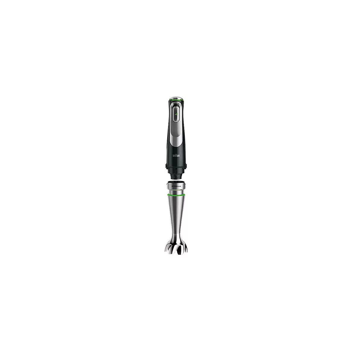 Braun Stabmixer mit schwarzem Griff und Edelstahl-Mixfuß, in zwei Teile zerlegt, vor weißem Hintergrund.