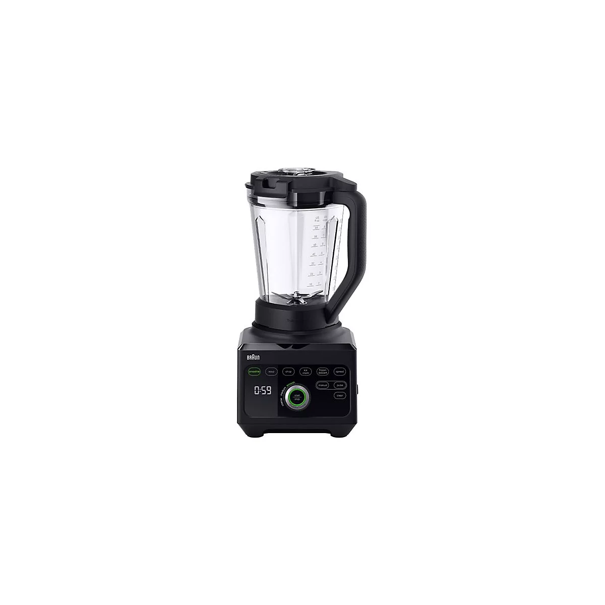Schwarzer Braun Standmixer mit digitalem Display und Bedienfeld vor weißem Hintergrund.