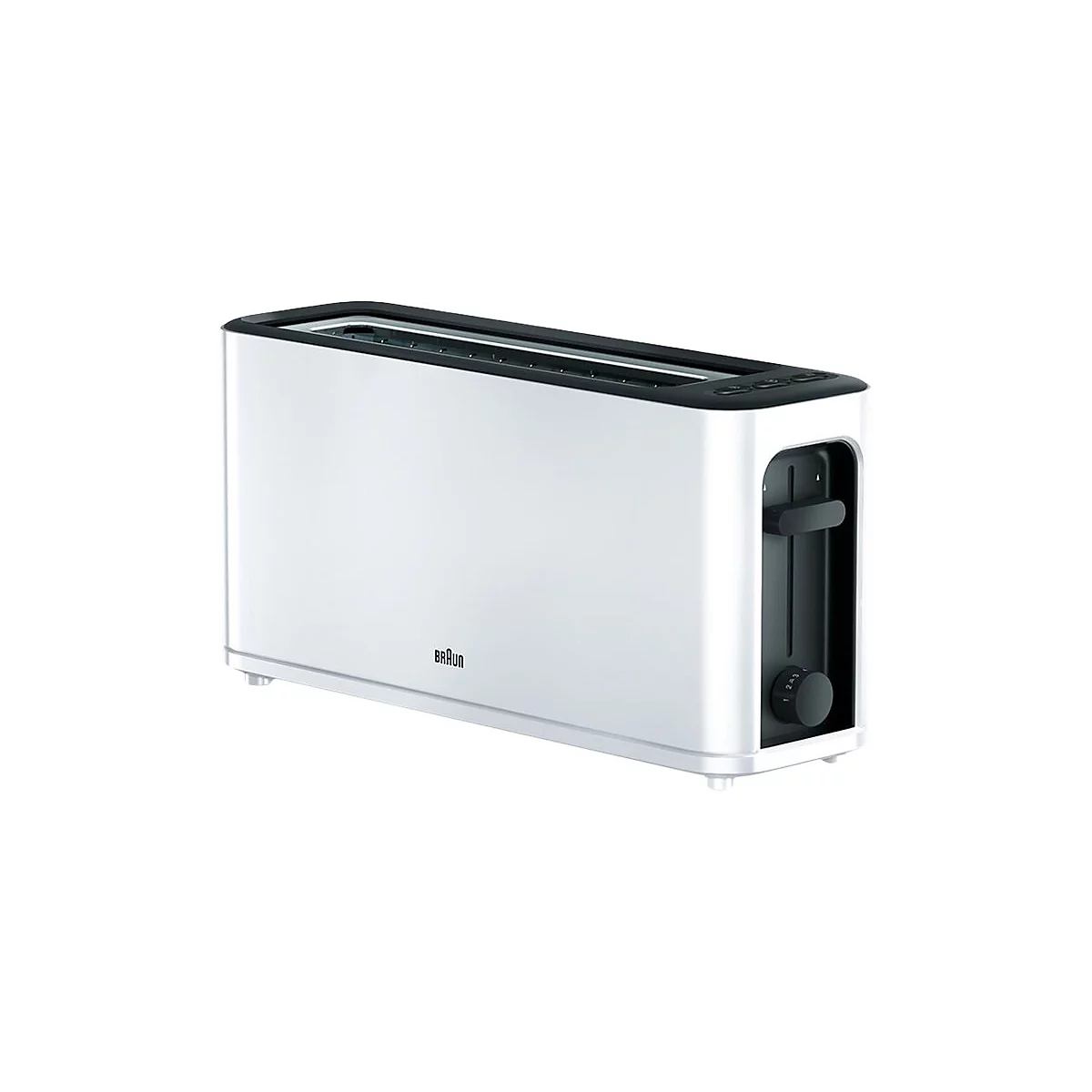 Länglicher, weißer Braun Toaster mit schwarzen Akzenten und seitlichem Drehregler vor weißem Hintergrund.