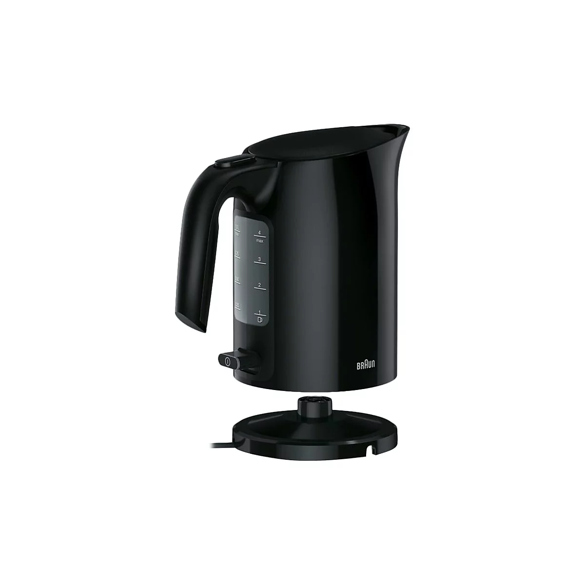 Schwarzer Braun Wasserkocher mit abnehmbarer Basis vor weißem Hintergrund.