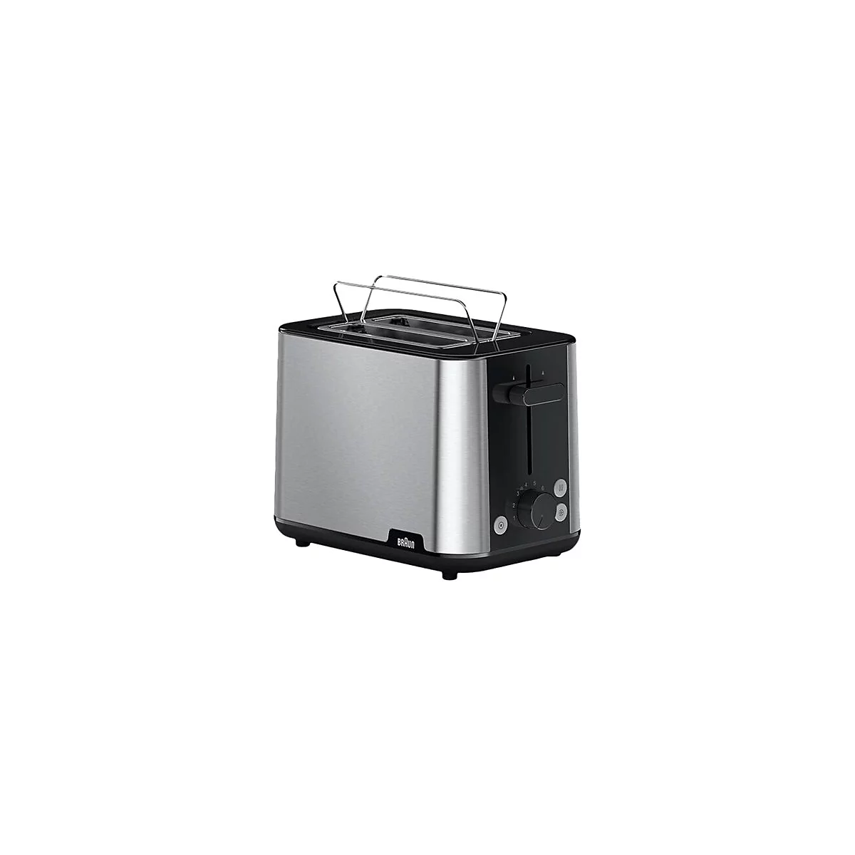 Elektrischer Braun-Toaster in Edelstahl-Optik mit schwarzer Bedienblende vor weißem Hintergrund.