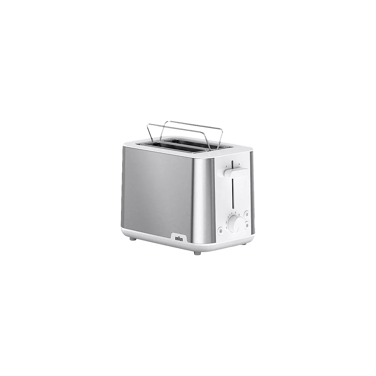 Braun Toaster in Edelstahl-Optik mit weißem Kunststoffgehäuse vor weißem Hintergrund.
